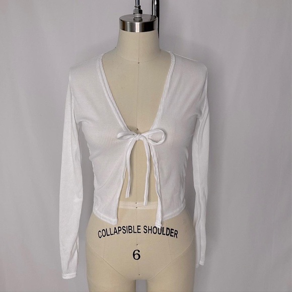 white ribbed drawstring front tie cardigan - Picture 3 of 4